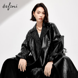 伊芙丽（eifini）伊芙丽翻领设计随性微廓版型皮质风衣2024春装新款气质高级感外套 黑色 170/92A/XL