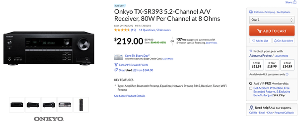 ONKYO 安桥 TX-SR393 5.2声道功放 黑色