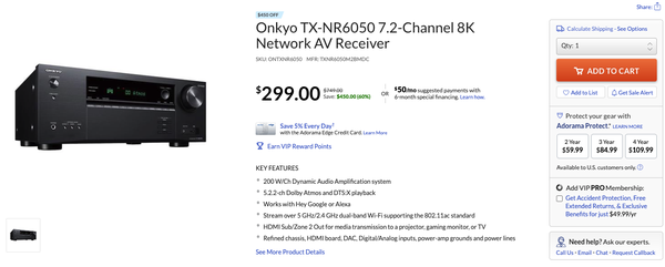 ONKYO 安桥 TX-NR6050 7.2声道杜比全景声 功放