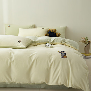 TEENIE WEENIE小熊刺绣全棉四件套纯色被套床单床上用品三件套100%纯棉床笠被罩 小黄熊（米黄+青柠绿）  0.9/1.2m床单三件套-被套150*200