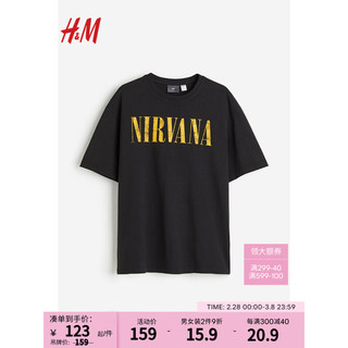 H&M男装T恤2024春季简约时尚柔软条纹印花短袖上衣0920624 黑色/Nirvana 175/100A M