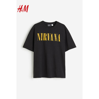 H&M男装T恤2024春季简约时尚柔软条纹印花短袖上衣0920624 黑色/Nirvana 170/92A S