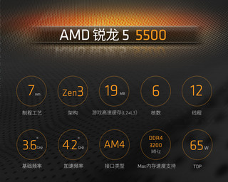 AMD五代锐龙4500/5500盒装CPU华擎B450/A520/B550台式主板套装