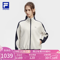 FILA 斐乐女士针织长袖外套2024春拼色宽松运动上衣 卵石灰-GY 165/84A/M