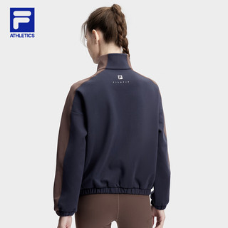 FILA 斐乐女士针织长袖外套2024春拼色宽松运动上衣 深辰蓝-NV 175/92A/XL