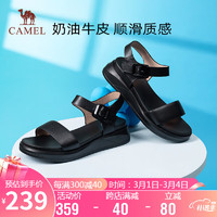 骆驼（CAMEL）凉鞋女轻盈牛皮一字带方形勾扣坡跟凉鞋 LF22220596 黑色 35