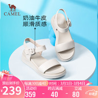 CAMEL 骆驼 凉鞋女轻盈牛皮一字带方形勾扣坡跟凉鞋 LF22220596 米白 38