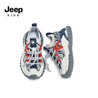 Jeep 吉普 儿童鞋子春款轻便透气跑步鞋防滑女童2024男童飞织运动鞋 深蓝红-网面款 单层 32码