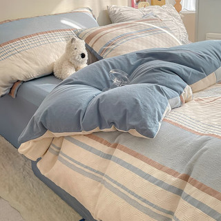 安睡宝（SOMERELLE）纯棉床上四件套100%全棉简约被套床单床笠单人床上用品套件三 简希-深蓝 1.2m床单三件套-被套150x200