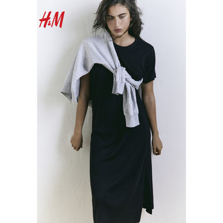 H&M2024年春季女装CleanFit简约潮流罗纹汗布连衣裙1144829 黑色 170/116A