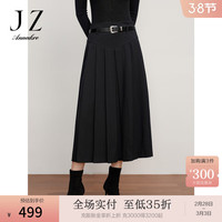 玖姿·安娜蔻通勤皮质腰带轻熟风压褶百褶半身裙女 素黑 XL