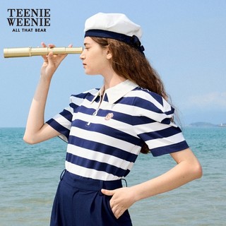 Teenie Weenie小熊条纹POLO衫T恤短袖上衣学院风女装夏季 藏青色 160/S