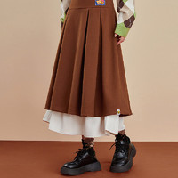 B.Duck小黄鸭设计感气质双裙摆长裙冬甜美学院风高腰半身裙 棕色 S