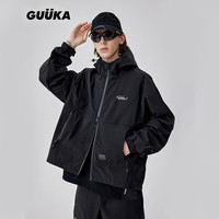 古由卡（GUUKA）TECH机能户外连帽抽绳风衣男潮 防泼水双拉链登山外套宽松百搭 黑色G60252 XXL