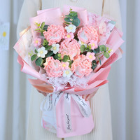 圣哲园 手工钩针编织真毛线七夕情人节玫瑰花束成品送女友闺蜜生日礼物 粉色5康乃馨大花成品