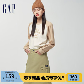 Gap 盖璞 女装2024春季新款logo撞色拼接插肩袖圆领长袖T恤上衣496389 米色 175/92A(XL) 亚洲尺码