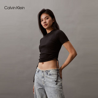Calvin Klein Jeans24春夏女士时尚抽绳下摆刺绣辣妹短袖T恤J223483 BEH-太空黑 S