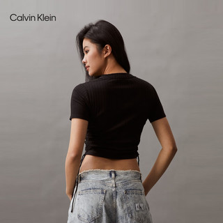 Calvin Klein Jeans24春夏女士时尚抽绳下摆刺绣辣妹短袖T恤J223483 BEH-太空黑 S