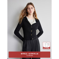 欧时力桑蚕丝混纺开衫肌理感针织外套女2024早春圆领气 黑色 L