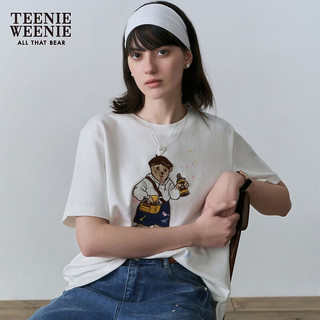 Teenie Weenie小熊2024年白色短袖T恤ins风宽松时髦上衣早春女 象牙白 155/XS