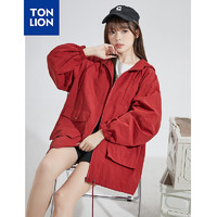 TONLION 唐狮 2024春季工装外套女中长连帽新年红色休闲冲锋少年上衣 玛丽红 S