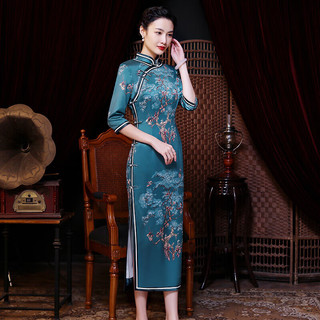 勤度老上海传统旗袍长款七分袖大码装日常复古 青色(花露) XL(112-120斤)
