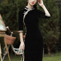 杜艳枝黑色改良版旗袍女秋季中国风复古高端气质优雅长袖春秋 黑色雪尼尔 XL110-120斤