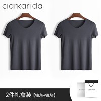 Clarkarida男士短袖T恤男莫代尔无痕V领打底衫修身纯色汗衫运动白色上衣 铁灰+铁灰 3XL(170-190斤)