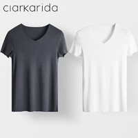 Clarkarida男士短袖T恤男莫代尔无痕V领打底衫修身纯色汗衫运动白色上衣 铁灰+白色 M(90-110斤)