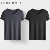 Clarkarida男士短袖T恤男莫代尔无痕V领打底衫修身纯色汗衫运动白色上衣 铁灰+黑色 3XL(170-190斤)