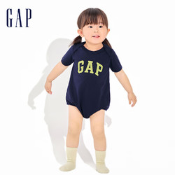 Gap 蓋璞 嬰兒2024春季新款LOGO純棉撞色短袖連體衣兒童裝包屁衣891712 海軍藍 73cm(6-9月)偏小 選大一碼