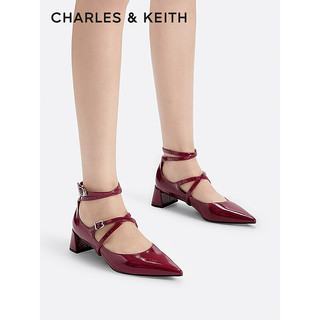 CHARLES&KEITH24春季CK1-60580286时尚交叉细带尖头玛丽珍鞋 Burgundy葡萄酒红色 39
