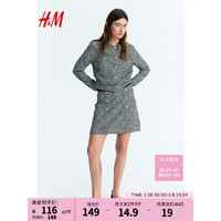 H&M女装半身裙2024春季纹理感高腰格纹系扣装饰半身短裙1225062 黑色/格纹 160/72A