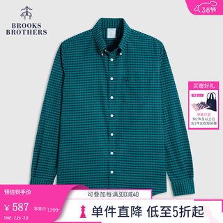 布克兄弟（BrooksBrothers）男士扣结领格纹免烫修身长袖休闲衬衫 3003-绿色格纹 XL