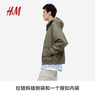 H&M男装风衣标准版型疏水连帽长袖合身抽绳外套1129749 绿色 165/84A