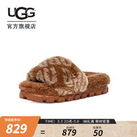 UGG 秋季新款女士logo款舒适休闲茸茸一字凉鞋拖鞋 1148770 HWD | 硬木棕色 38