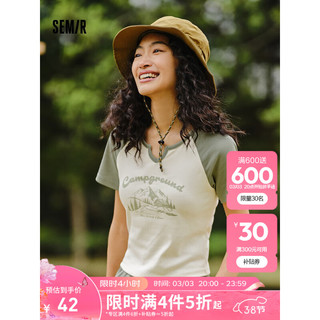 森马（Semir）短袖T恤女短款设计感印花2024夏季插肩袖紧身套头衫山系 奶白10501 160/84A/M