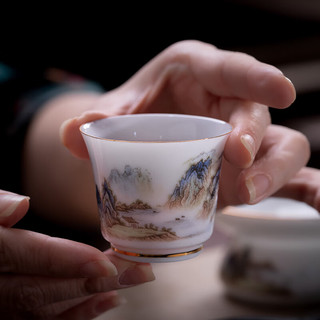 景德镇陶瓷千里江山茶杯釉上家用小号单个主人杯茶具白瓷品茗杯轻奢描金 千里江山茶杯