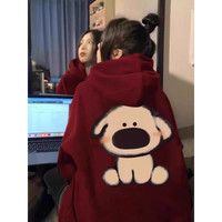 LDBE酒红色连帽重磅卫衣女银狐绒春季加绒加厚美式复古国潮牌外套上衣 酒红色【秋冬加绒】 3XL(140-170斤)