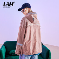 LAMLICKA2021春秋小恶魔反光标风衣男女潮连帽ins百搭风衣宽松工装连帽抽绳外套 粉色 2XL
