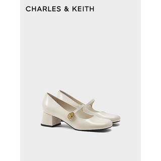 CHARLES&KEITH24春季法式粗跟方头金属扣玛丽珍鞋子女鞋女士CK1-60280433 粉白色Chalk 38