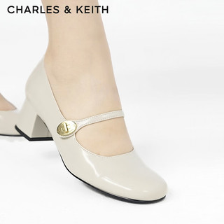 CHARLES&KEITH24春季法式粗跟方头金属扣玛丽珍鞋子女鞋女士CK1-60280433 粉白色Chalk 37