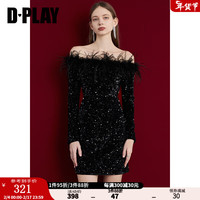 DPLAY冬一字肩重工弹力丝绒亮片晚礼服小黑裙礼服裙连衣裙 经典黑 S