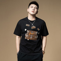 西原美 夏季新款高端重磅刺绣短袖t恤男装宽松圆领衣服体恤XYTX21 黑色 56/3XL/185