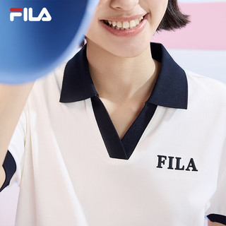 FILA 斐乐女子针织连衣裙2024夏季时尚休闲撞色翻领裙子 鲜乳白-IV 155/76A/XS