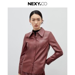 NEXY.CO 奈蔻 2023冬季新款时尚设计感小众皮衬衫女长袖衬衣独特上衣