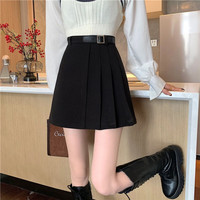 确彤可调节带内衬毛呢高腰百褶短裙半身裙女冬褶皱a字包臀裙 黑色 【带裤】 S 【80至95斤】