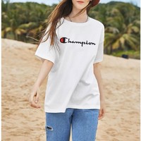 Champion 网球穿搭美国champion冠军圆领男女情侣宽松刺绣短袖T恤纯棉林