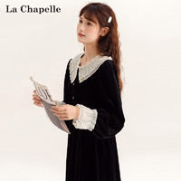 La Chapelle 法式丝绒连衣裙女2023秋季爆款娃娃领荷叶边高腰显瘦裙子