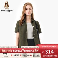 Hush Puppies暇步士女装2024夏清爽透气亚麻混纺简约通勤短袖衬衫 175橄榄绿 XS